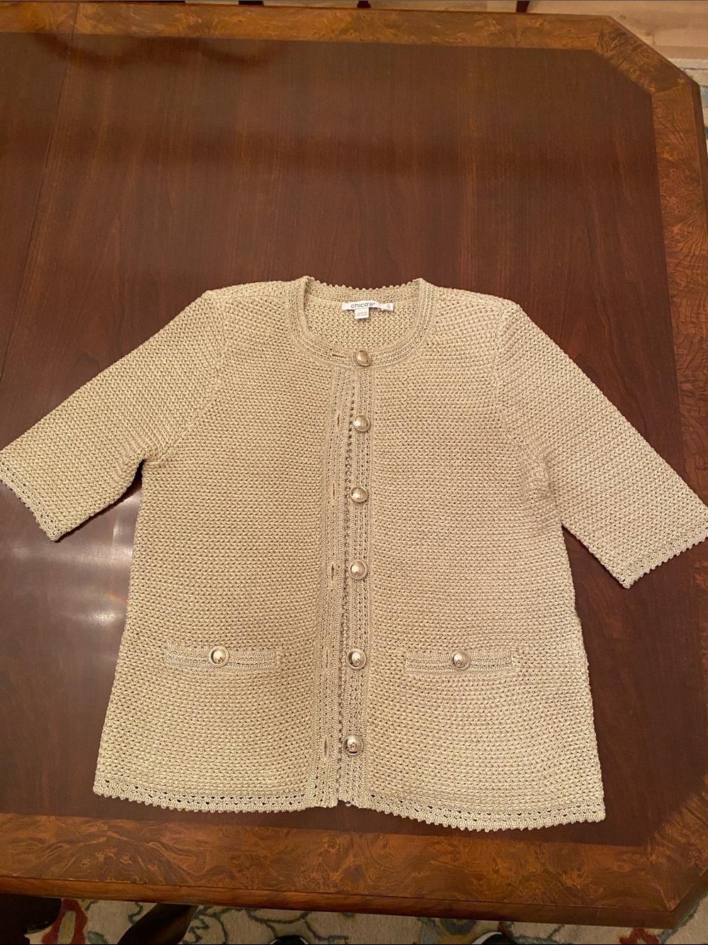 Chico’s Beige Button-Front Short Sleeve Sweater • Gold Buttons • Size 0 - Picture 3 of 9